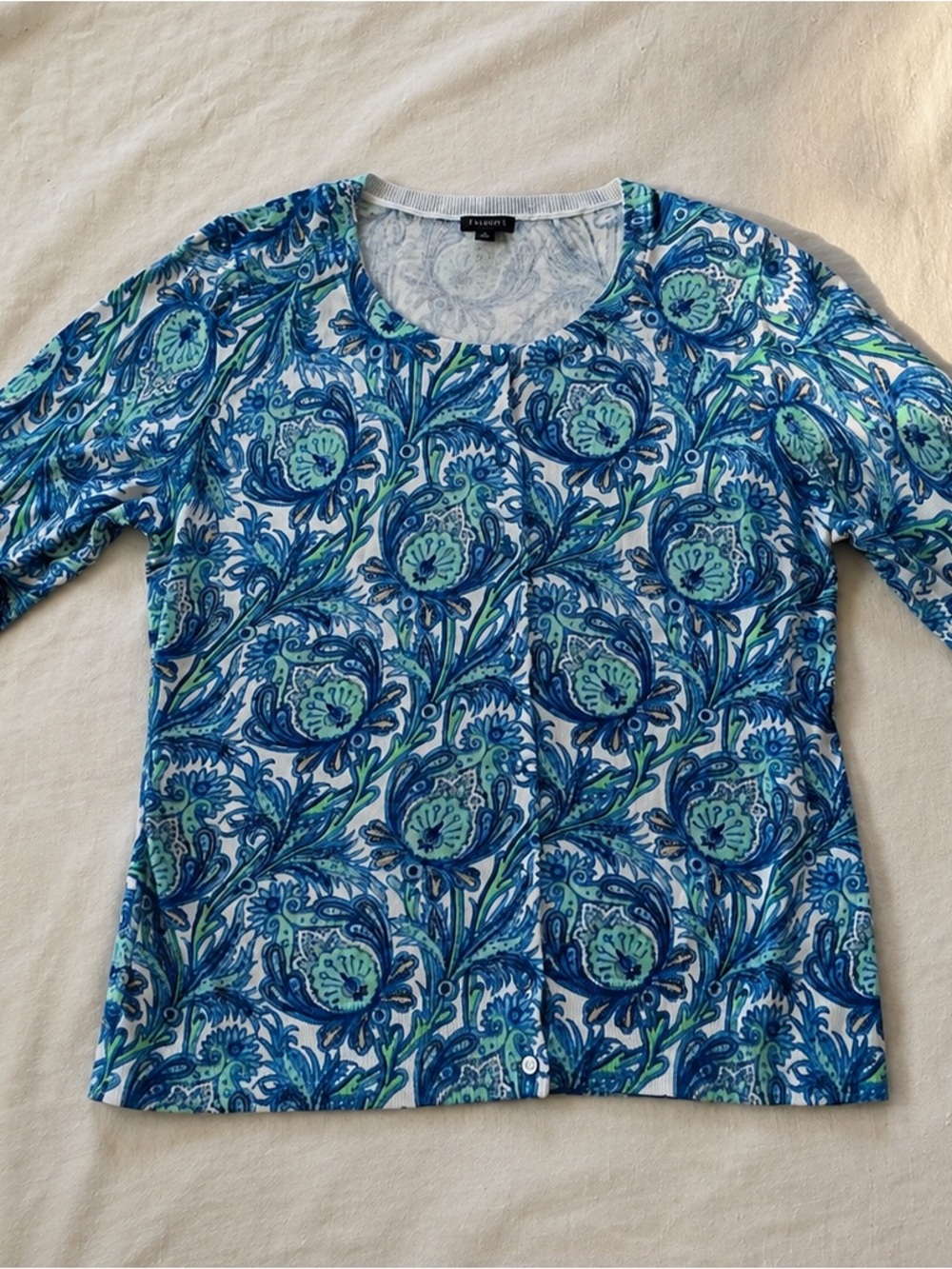 Talbots Blue and Aqua Floral Long Sleeve Crewneck Top